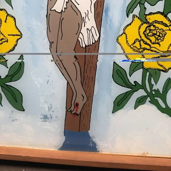 Vintage 1977 Attica Prison Inmate Folk Art Hand Painted Glass Jesus Crucifixion - Picture 9 of 16